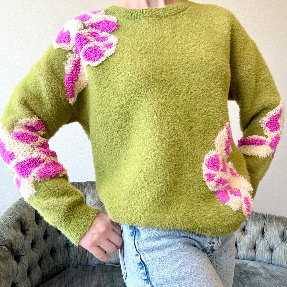 FRNCH Paris Ulyssia Green Crewneck Sweater Abstract Pink Floral Large 90s